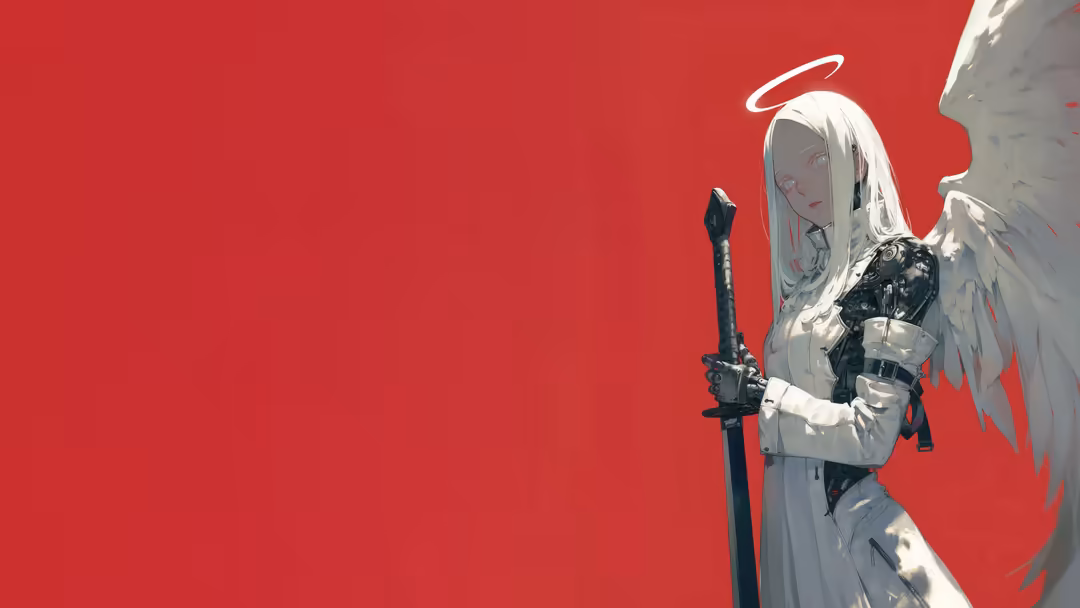 Anime character with white hair and halo holding a sword, wearing dark armor against a bold red background with dramatic ligh