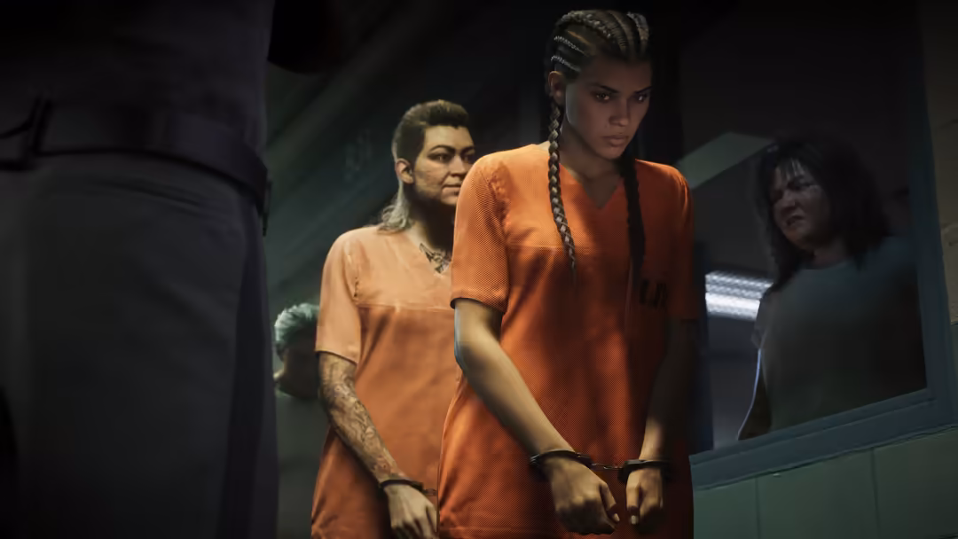 Characters in orange prison uniforms in a tense detention scene with dramatic lighting and dark atmospheric setting from GTA