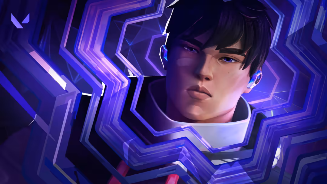 Valorant agent Iso with striking purple neon geometric patterns, cyberpunk aesthetic with glowing lines and futuristic design