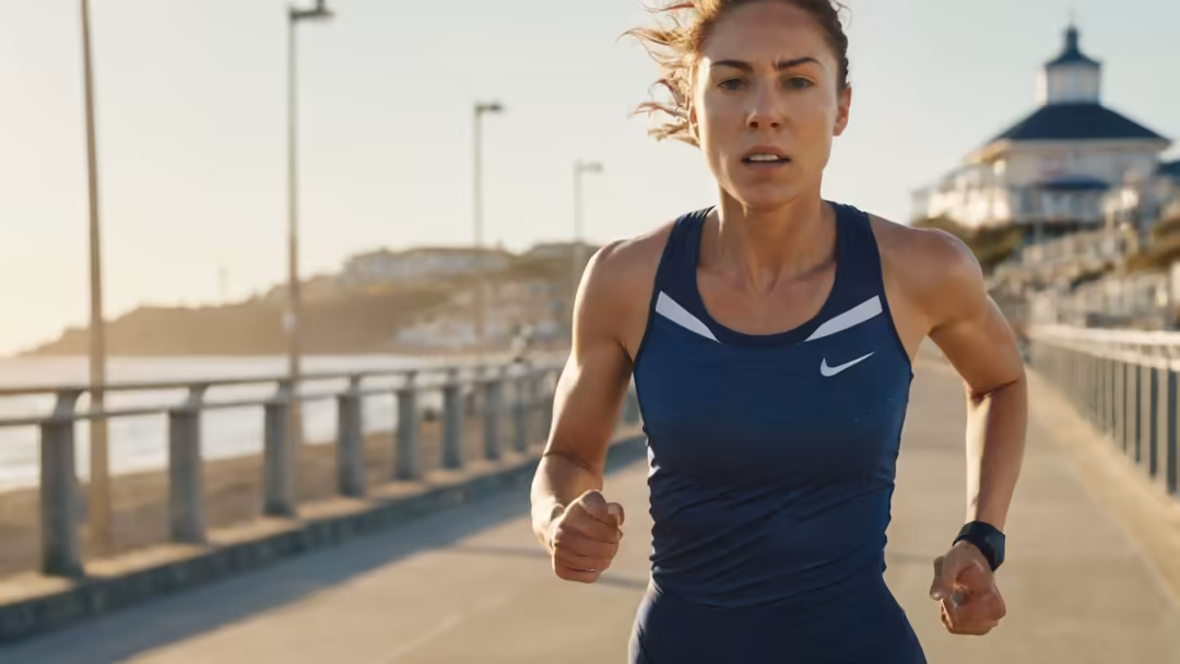 Female runner in navy athletic tank top jogging on coastal path with lighthouse and pier in background during golden hour sun