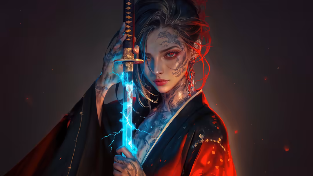 Tattooed warrior woman holding glowing blue katana with red neon lighting and dark atmospheric background
