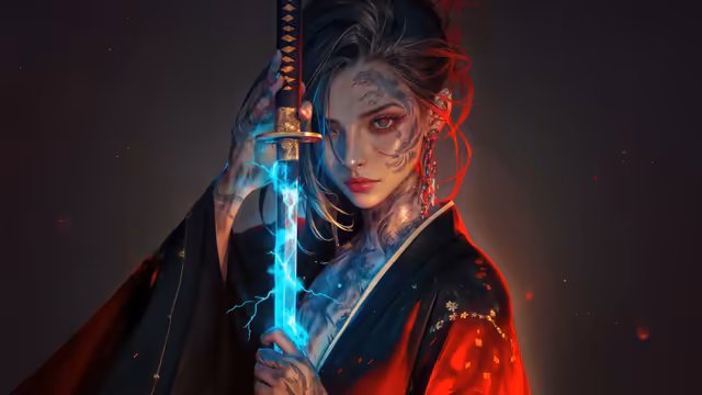 Tattooed Warrior With Glowing Sword