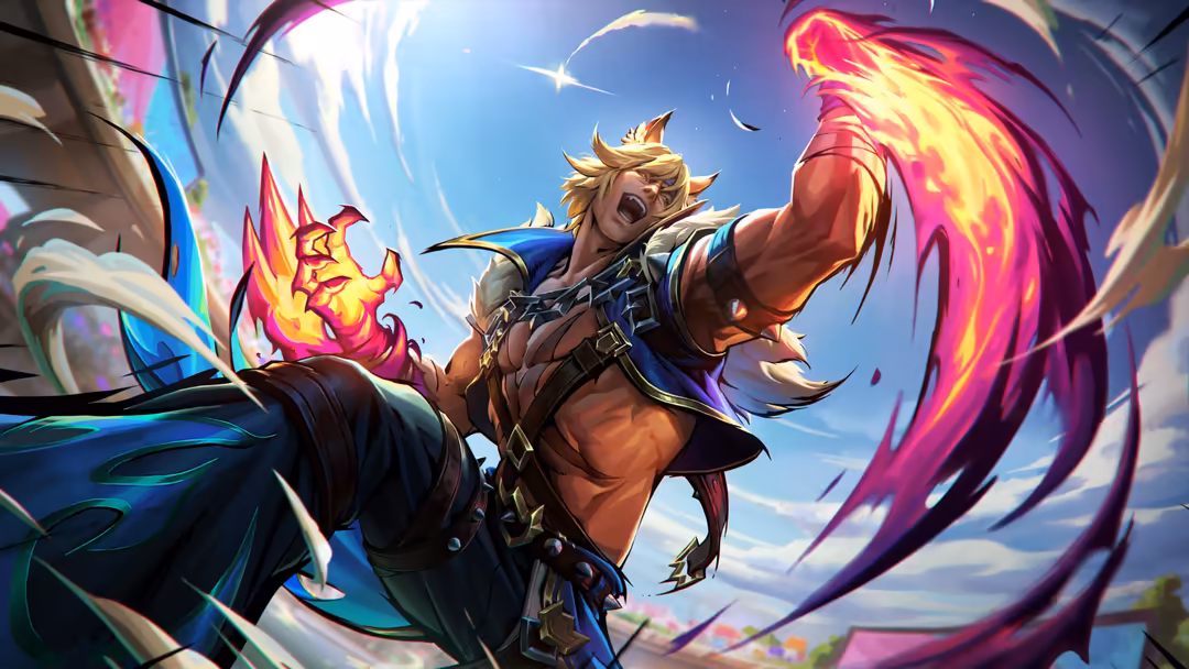 Powerful warrior character with golden spiky hair wielding glowing magenta fire wings in dynamic combat pose against bright s