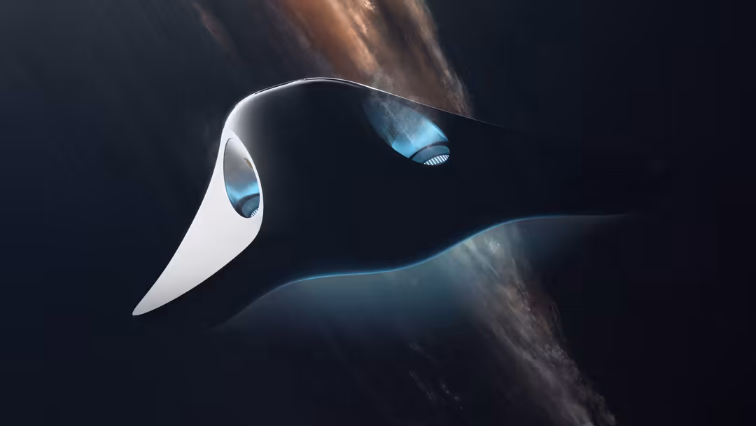Sleek futuristic creature with white and dark teal coloring, glowing blue eyes, elegant elongated form against dark dramatic