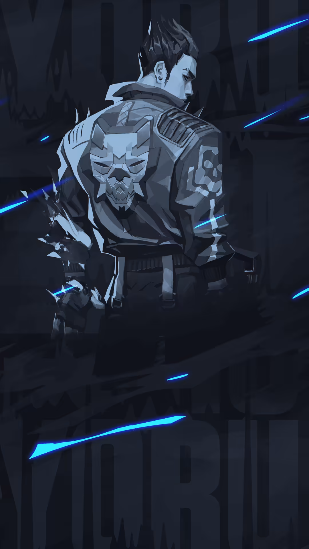 anime-style character in tactical armor with skull emblem on back, surrounded by bright blue energy streaks against dark…