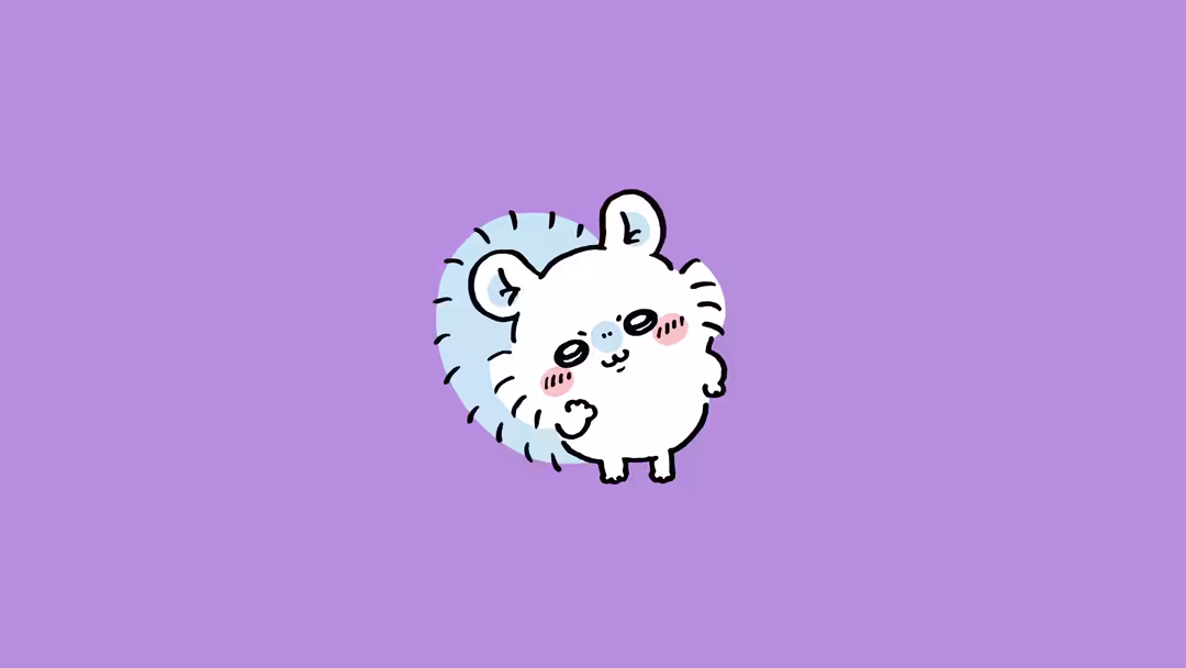 Cute white fluffy bear character with big eyes and rosy cheeks on a soft purple gradient background in kawaii aesthetic style
