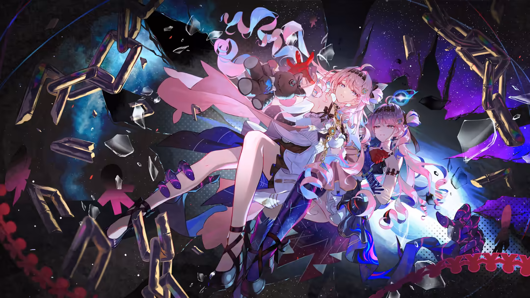 Anime character Denia in dynamic pose surrounded by neon pink and blue cosmic energy, glowing mechanical elements, and ethere