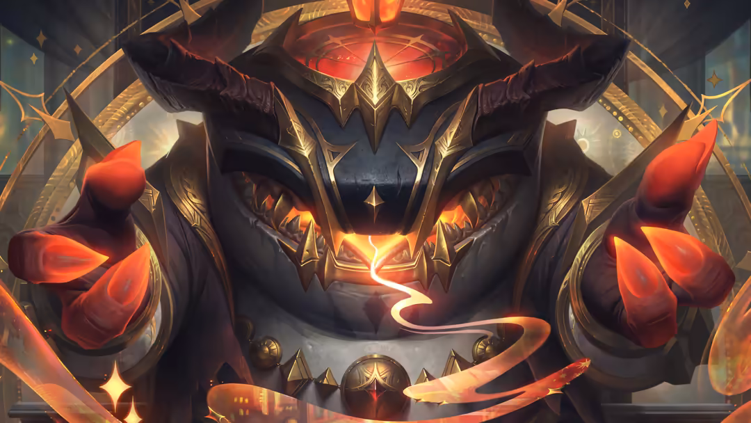 Dark fantasy character with glowing red eyes, ornate golden armor, and crimson energy effects in a mystical temple setting