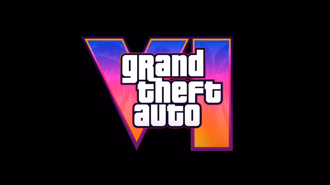 Grand Theft Auto VI logo with bold white text on vibrant neon gradient background featuring pink, purple, blue and orange hue