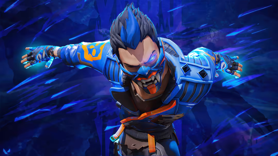 Yoru from Valorant in blue neon armor with spiky hair, arms outstretched, glowing tech suit against dark blue energy backgrou