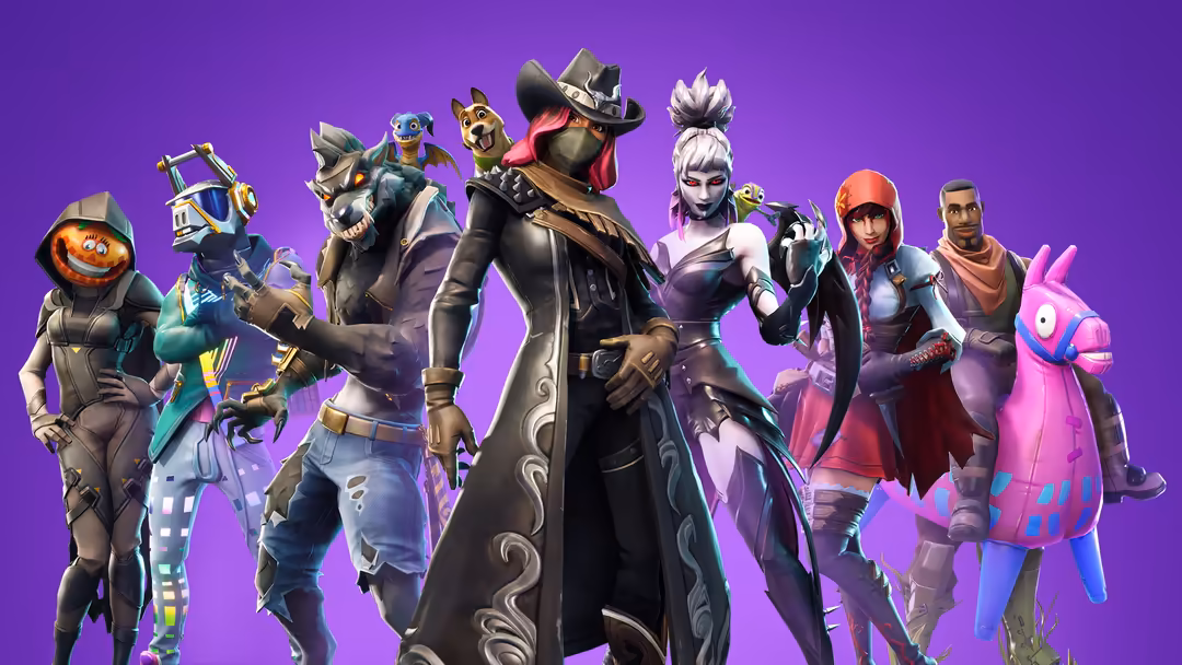 Colorful Gaming Characters Purple Background — horizontal fortnite 4K wallpaper