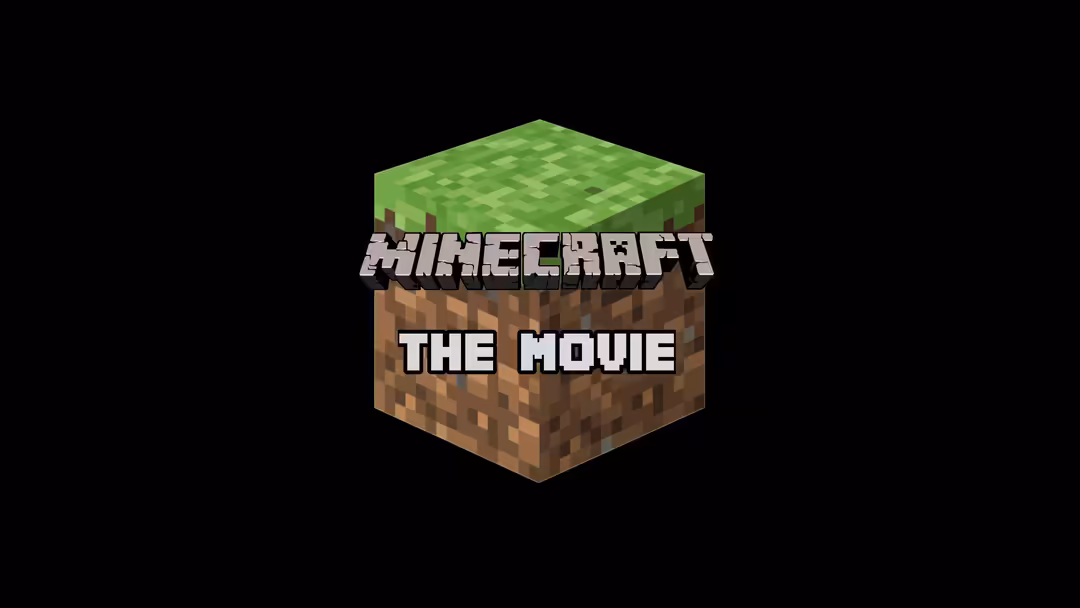 Minecraft The Movie logo featuring a pixelated isometric grass and dirt block cube on black background