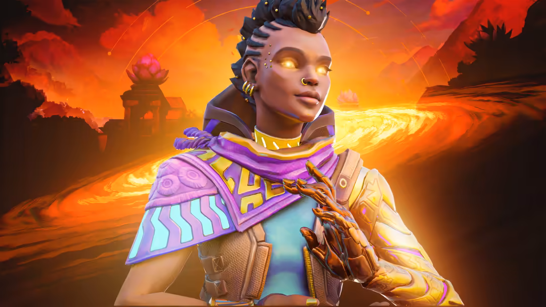 Astra from Valorant, a futuristic character with glowing golden eyes, elaborate purple and gold armor, against a dramatic ora