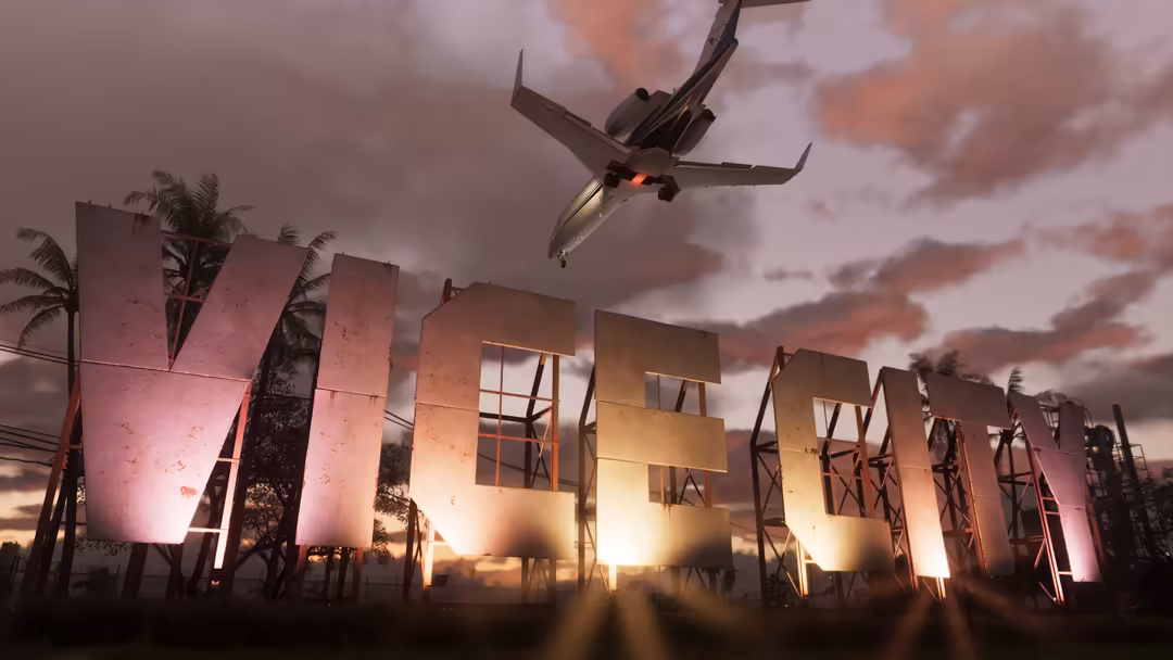 Futuristic aircraft flying over illuminated dystopian structures at sunset with palm trees and dramatic sky