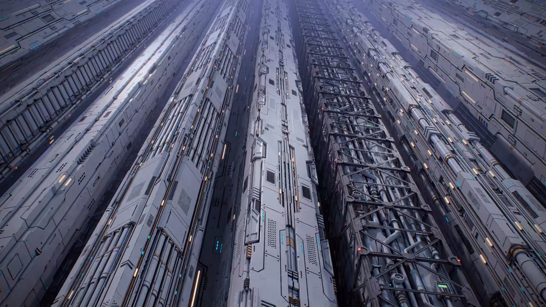 Futuristic cyberpunk cityscape with towering skyscrapers converging upward, featuring sleek metallic surfaces and illuminated