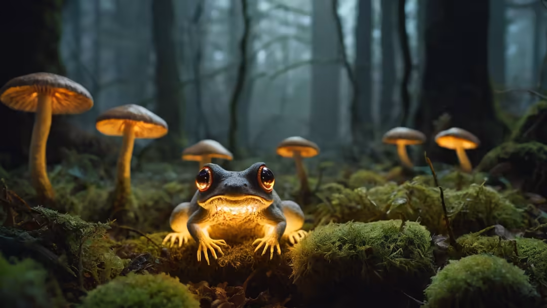 A glowing-eyed frog with golden eyes sits on moss-covered ground surrounded by bioluminescent mushrooms in a misty forest