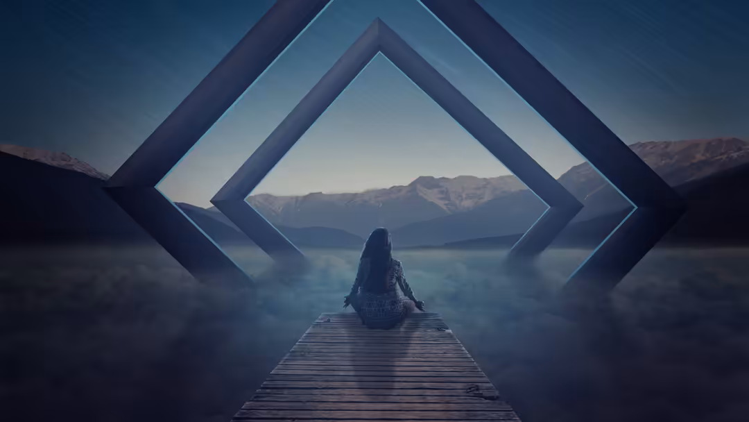 A solitary figure sits on a wooden dock gazing through nested diamond-shaped geometric portals toward snow-capped mountains a