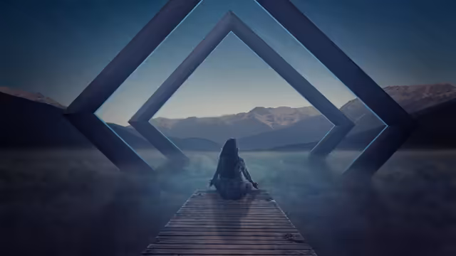 Alone Contemplating Mountains Through Geometric Portal