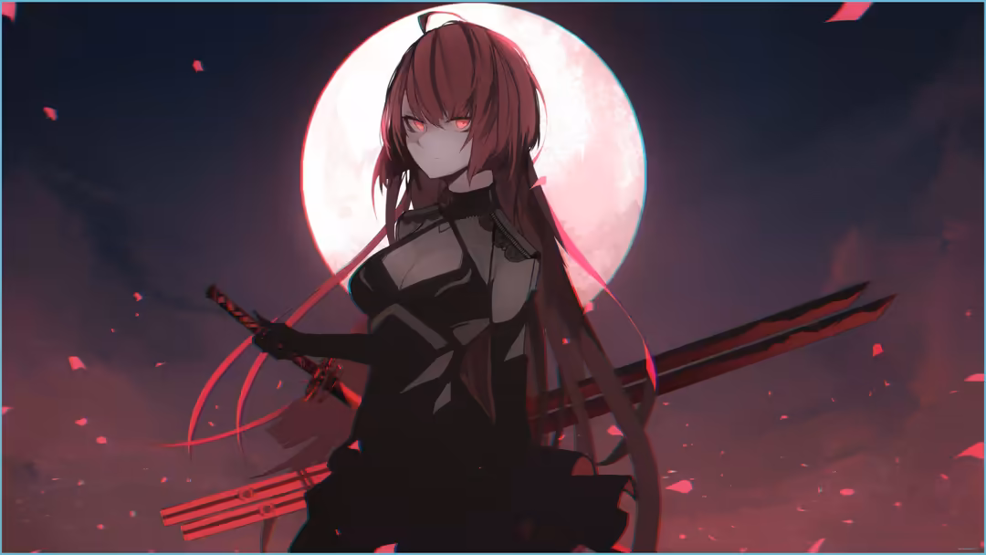 Anime girl with crimson red hair and glowing red eyes wearing tactical black outfit, backlit by neon pink circular glow again