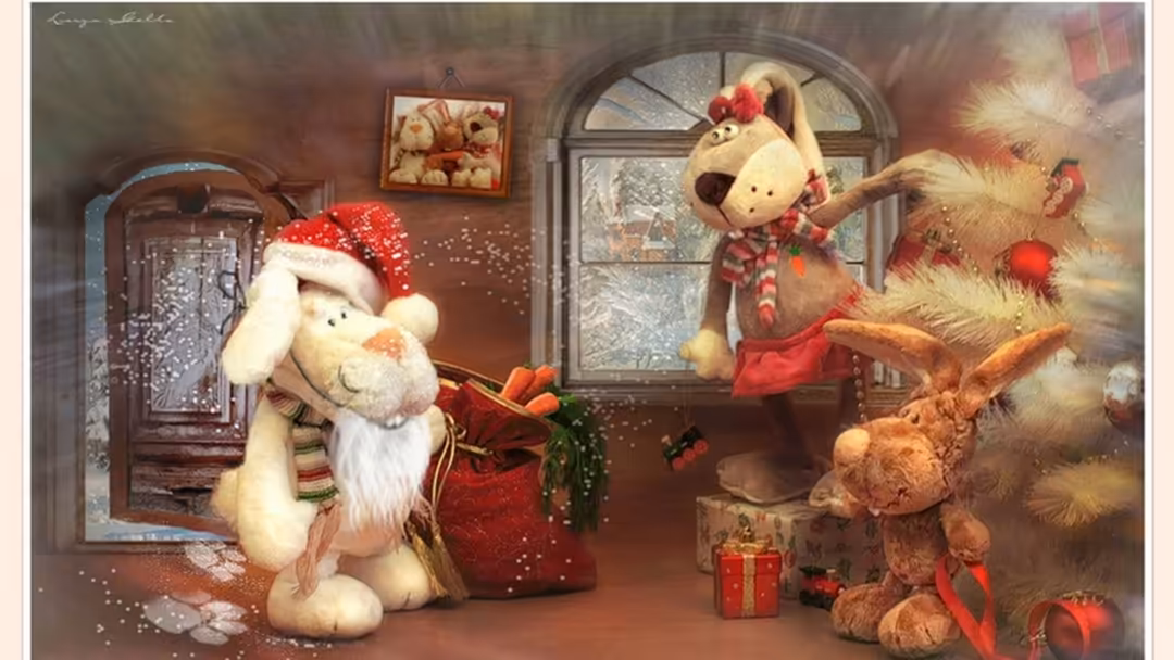 Whimsical stuffed toys celebrating Christmas in a cozy cottage interior with decorations, gifts, and festive holiday charm