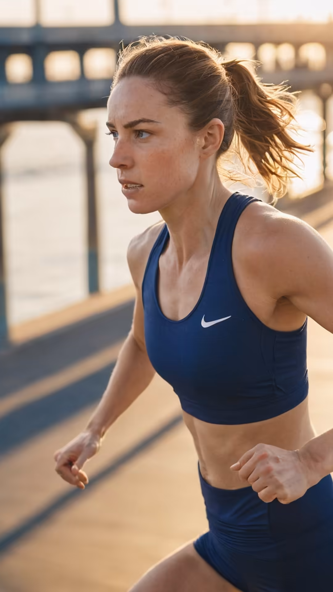 Athletic woman jogging outdoors in navy sports gear during golden hour with urban industrial background and warm sunlight