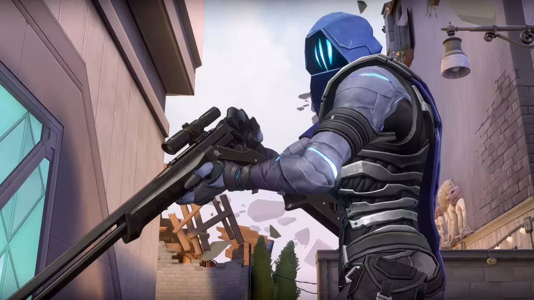Blue armored tactical character with glowing visor aiming sniper rifle in urban environment, sci-fi game protagonist