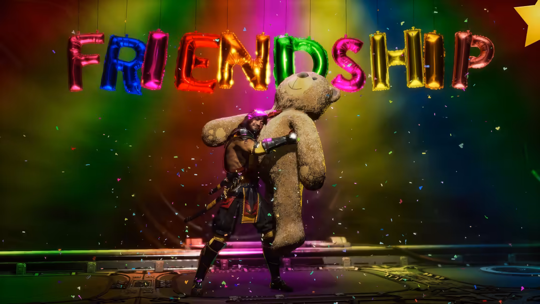 Colorful neon sign spelling friendship above a figure holding a large teddy bear on a vibrant gradient background with confet