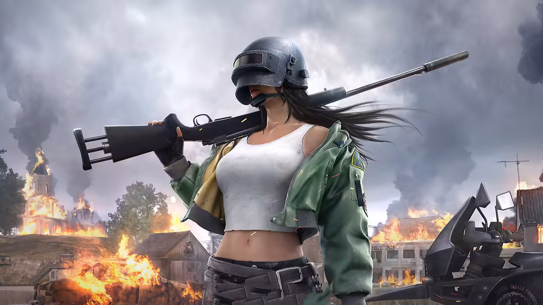 Female soldier in tactical gear with military helmet and rocket launcher, standing amid burning buildings and smoke-filled ba