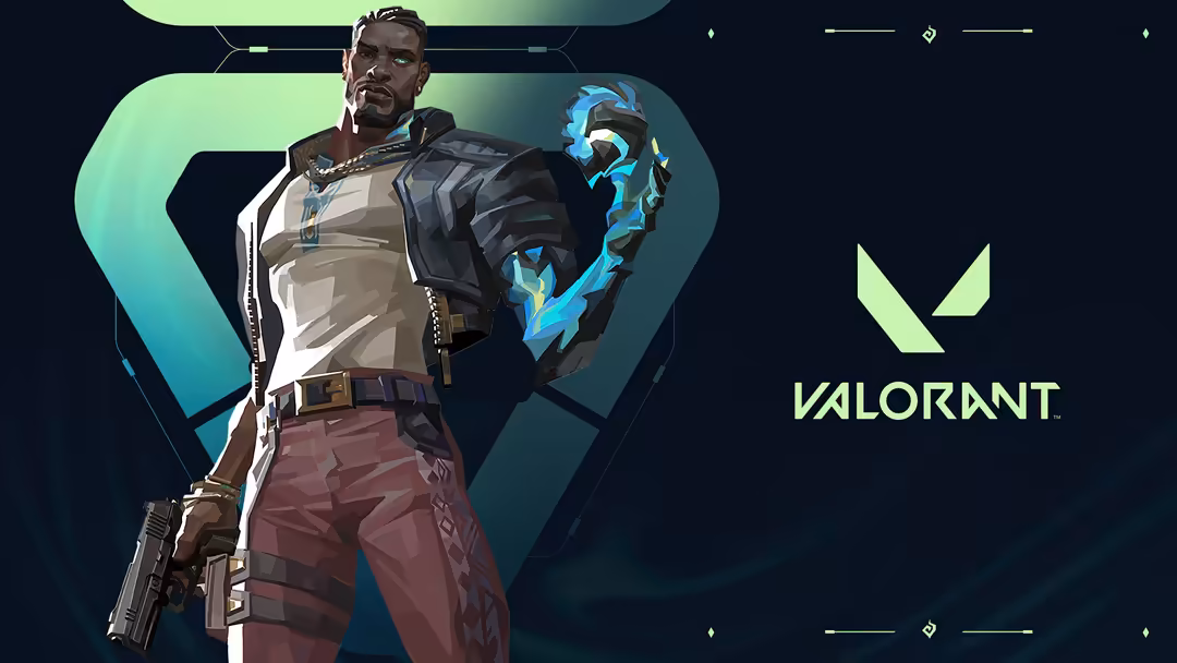 Valorant agent Veto holding radianite powered gauntlet, wearing tactical gear against dark cyberpunk background with neon gre