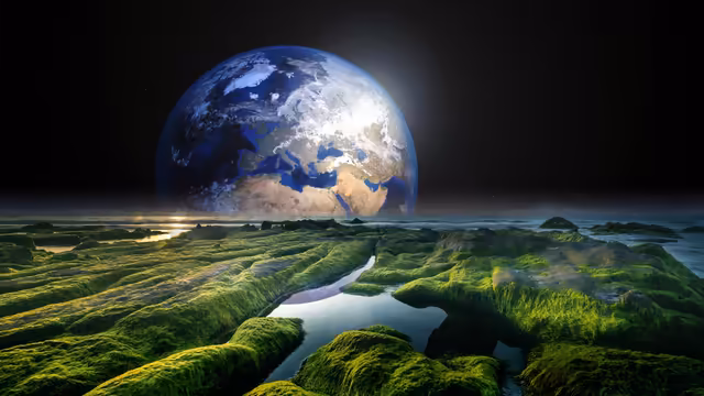 Earth Rising Over Alien Landscape