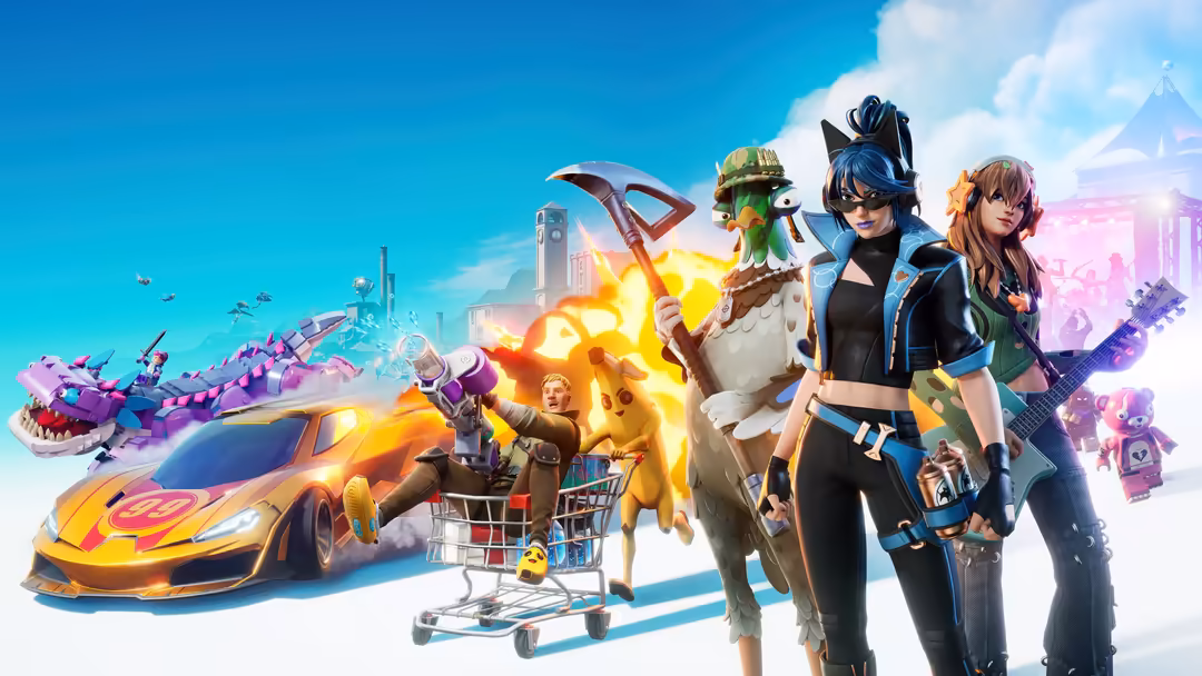 Fortnite characters with weapons and vehicles in a colorful futuristic cityscape with bright explosions and dynamic action sc