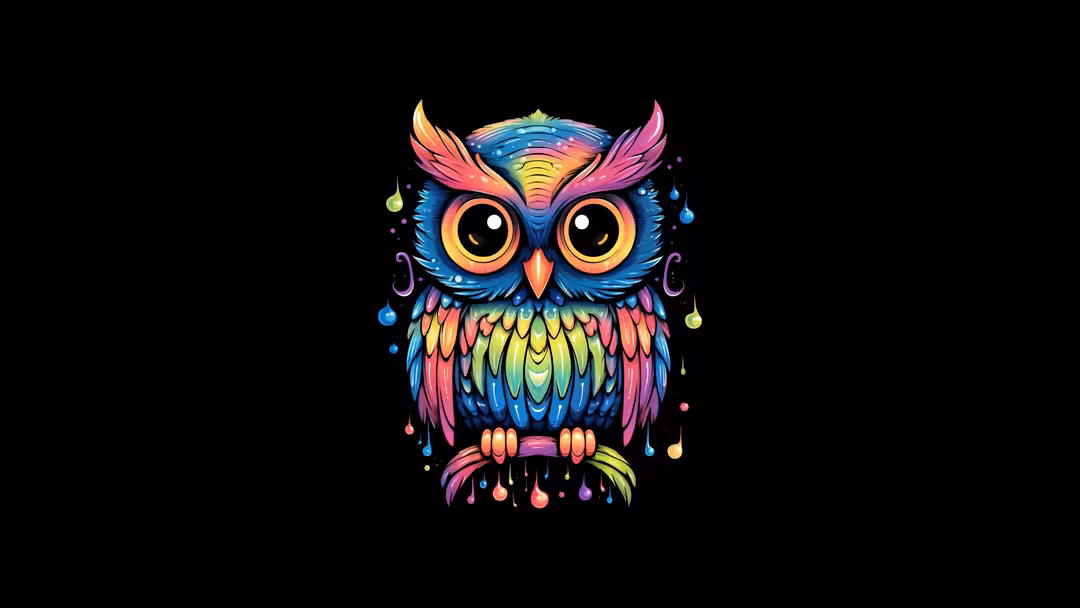 vibrant rainbow owl with large golden eyes and ornate feathers against a black background, surrounded by floating musical…