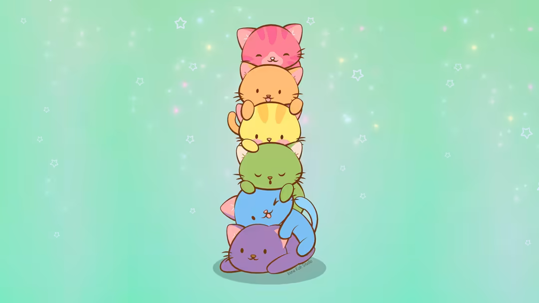 Five stacked cute cats with pastel colors pink, orange, yellow, green and purple on soft mint green background with scattered