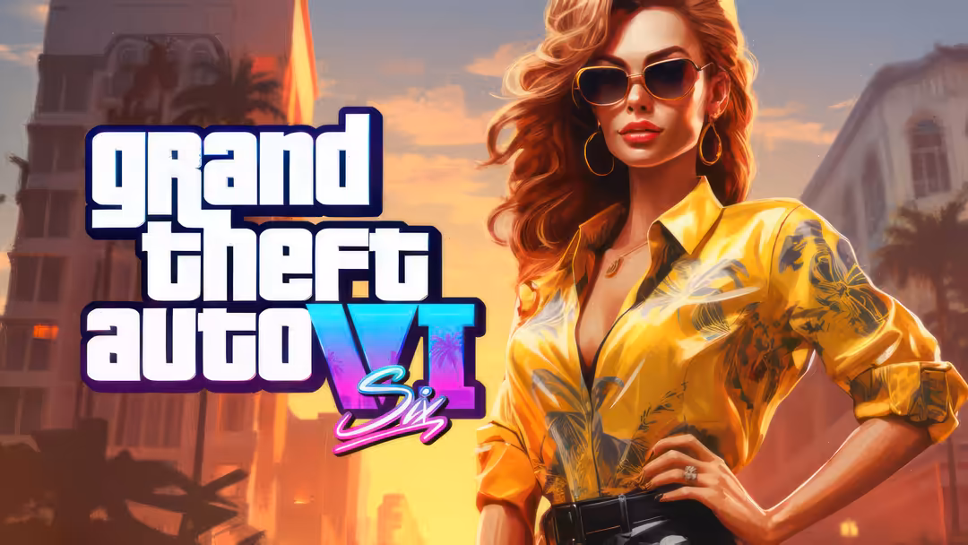 Woman in yellow jacket and sunglasses against neon-lit city skyline with GTA VI logo, sunset atmosphere, stylish urban aesthe
