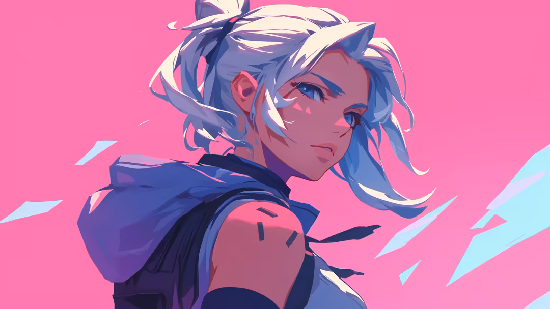 Anime-style portrait of Jett from Valorant with flowing white hair against vibrant pink background, wearing tactical gear and