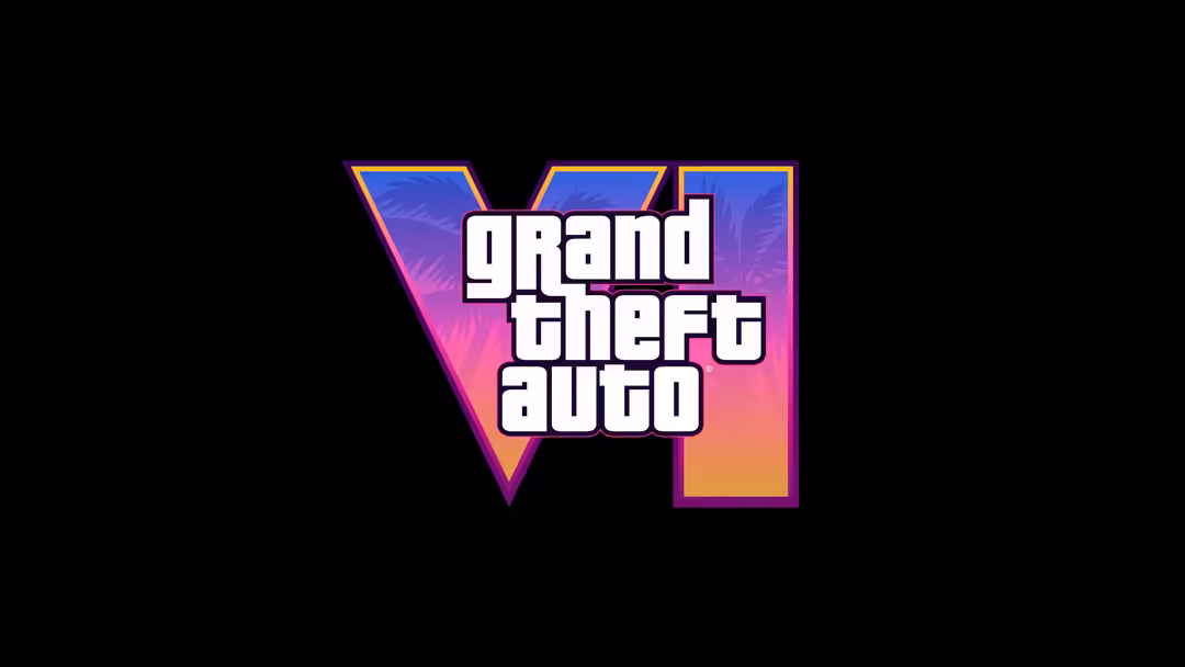 GTA VI logo with vibrant neon pink and blue gradient background, featuring bold white text on dark background