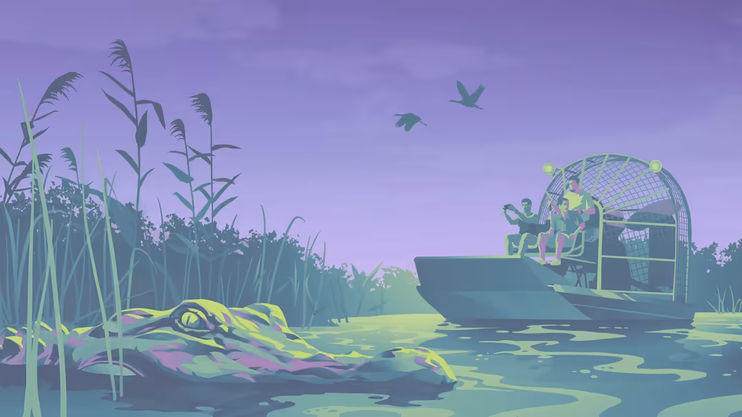 Neon-lit swamp scene with airboat and characters among purple reeds and yellow water reflections under twilight sky