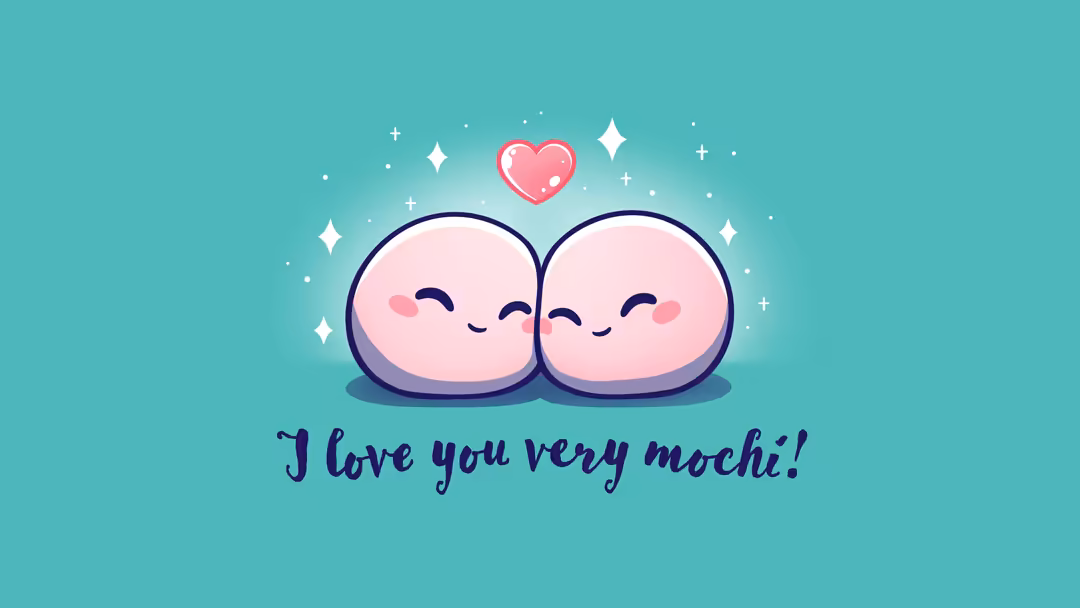 two smiling pink mochi characters with closed eyes sit on a turquoise background surrounded by white sparkles and a pink…
