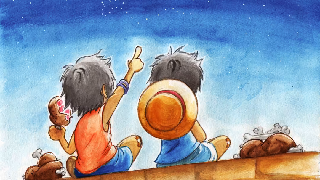 Cartoon character sitting on a hill gazing at stars, holding a lollipop and cooking pan, with determined expression and spiky