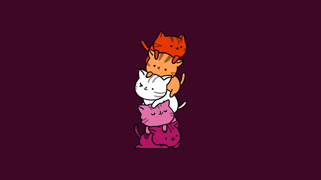 Four adorable stacked cats in kawaii art style with red, orange, white, pink and magenta colors against a deep purple backgro