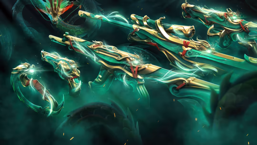 Golden and green glowing futuristic weapons from Valorant's Imperium skin collection arranged in dynamic combat formation aga