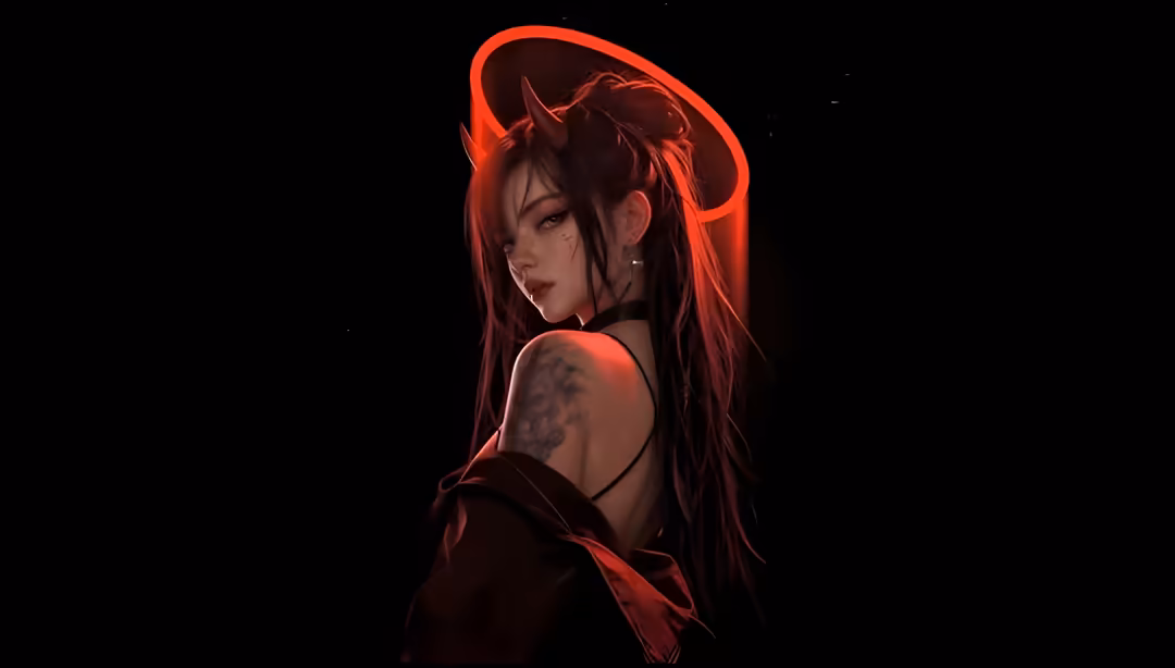 Anime girl with long dark hair and horns glowing in bright red neon light against a black background.