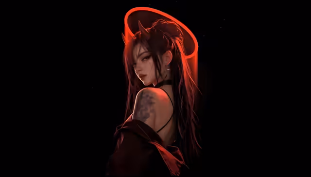 Demon Girl With Red Neon Horns
