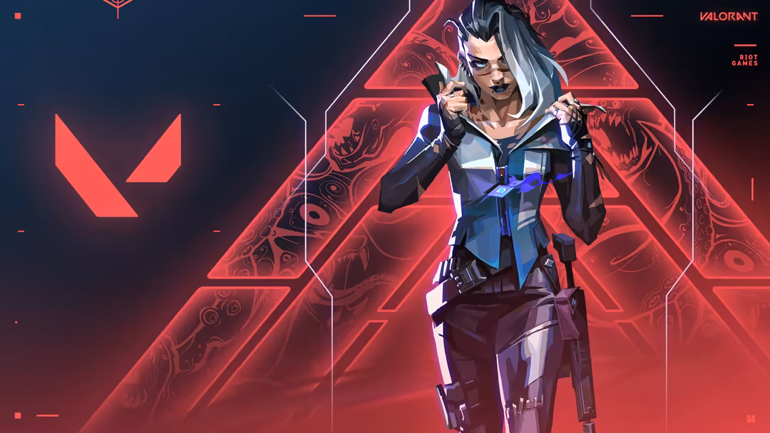 Valorant character Fade with neon red geometric background, featuring the agent in tactical gear with glowing triangle design
