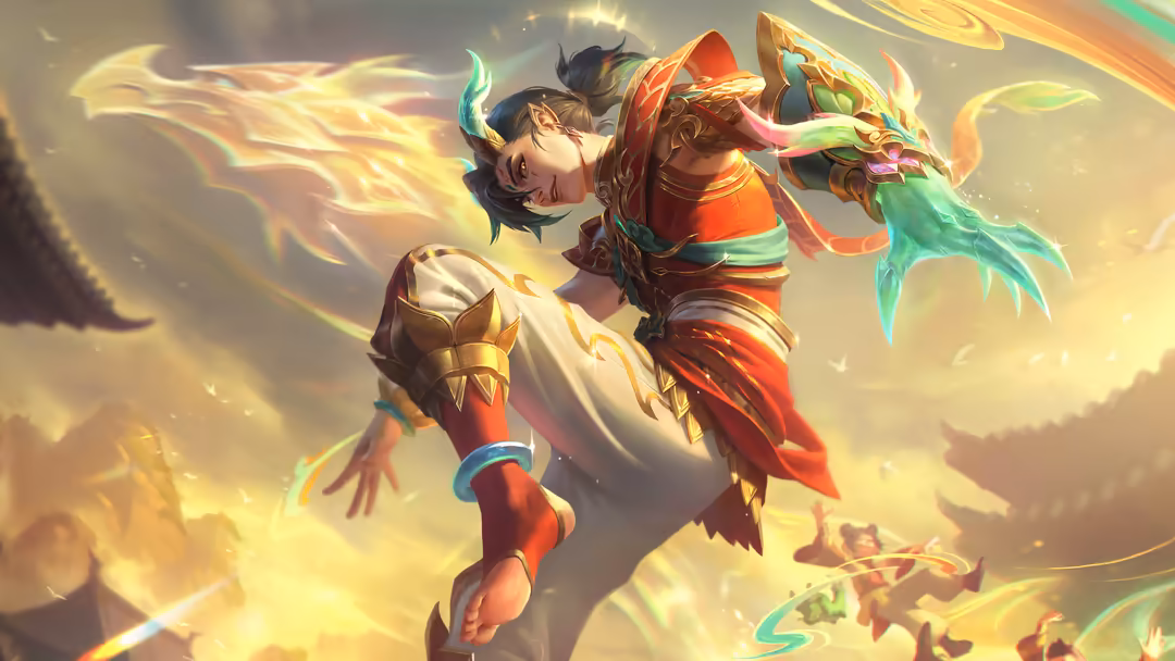 Heavenscale Ezreal, a divine warrior in golden armor and red robes, wielding magical weapons surrounded by celestial light an