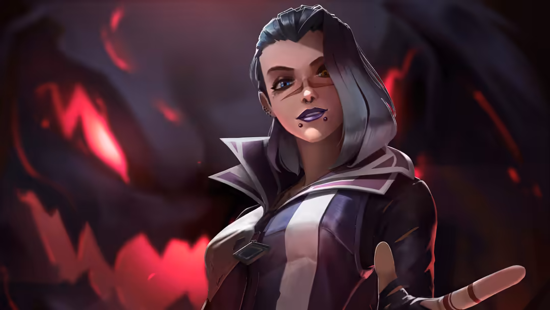 Animated portrait of Fade from Valorant with silver hair, dark tactical outfit, and glowing red energy effects in moody backg