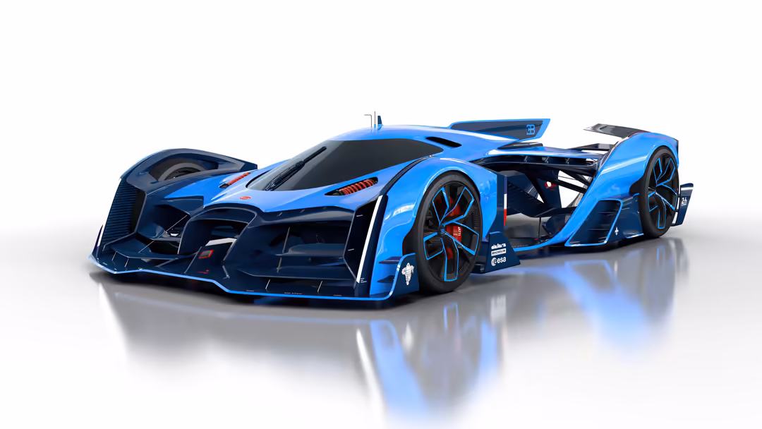 Sleek blue Bugatti Vision Le Mans hypercar with open doors displayed against a white background with reflection.
