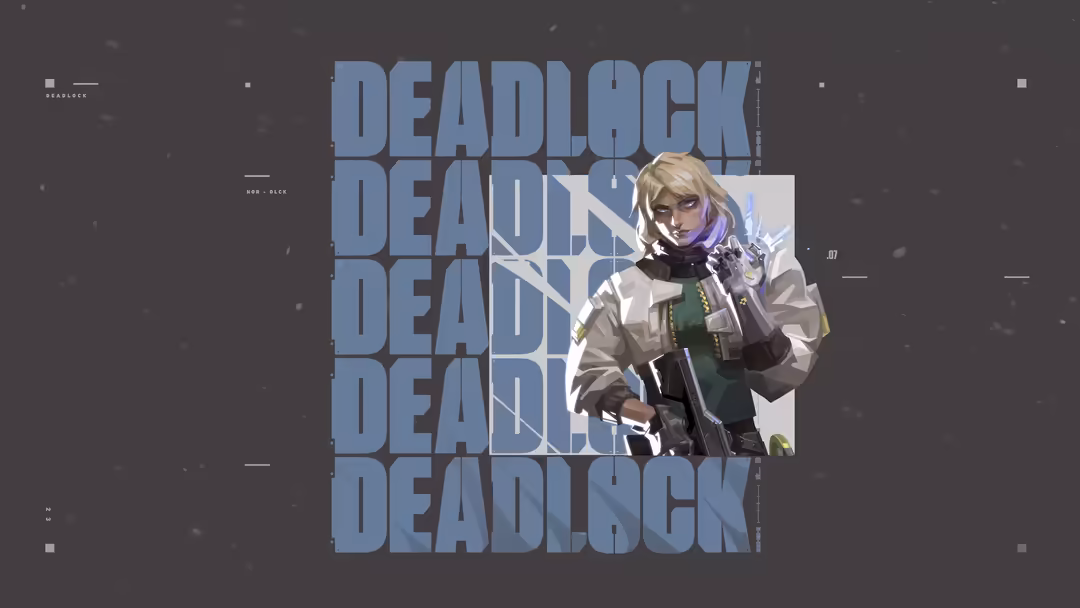 Deadlock agent from Valorant in tactical gear with blonde hair and purple accents, holding weapons against dark background