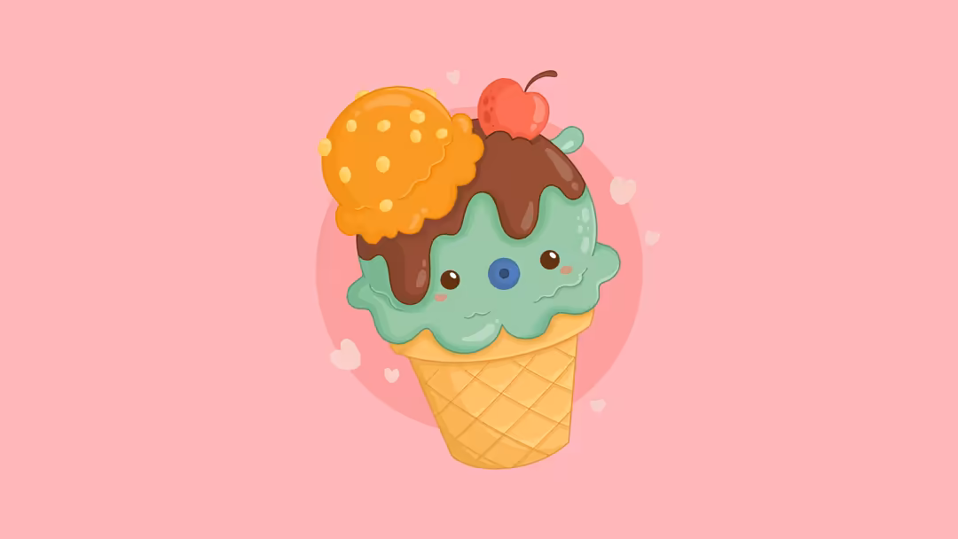 Cute kawaii ice cream character with mint green face, melting chocolate topping, orange cookie, and red apple on soft pink ba