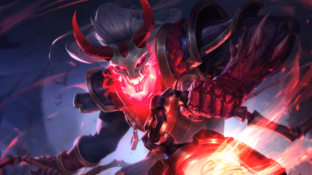 Demonic creature with glowing red eyes and sharp horns against a dark purple atmosphere with intense crimson light effects